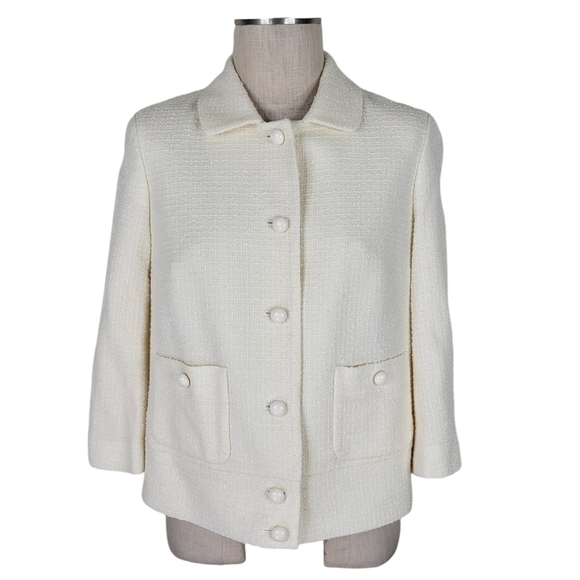 Talbots Blazer Size 8 Cream Wool Blend Nubby Pockets 3/4 Sleeve 6 Button Lined - Picture 2 of 12